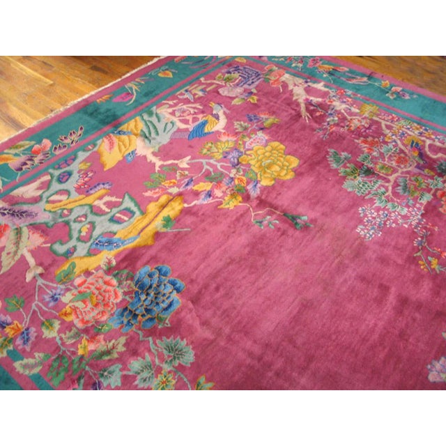 1920s Pink Floral Modern Antique Chinese Art Deco Rug 9' X 11'8" Handknotted Wool Carpet For Sale - Image 4 of 6