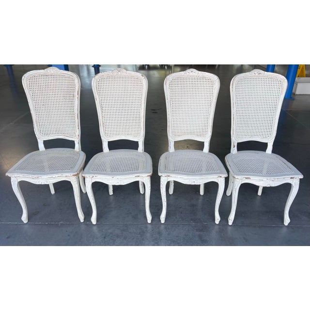 Vintage Italian Louis XV Style Double Cane Dining Chairs, Set of 4, Distressed White Finish For Sale In Naples, FL - Image 6 of 13