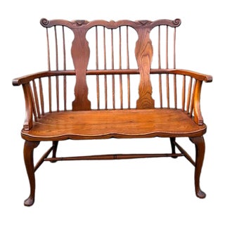 Vintage George III Style Solid Oak Windsor Style Comb- Back Settee Bench For Sale