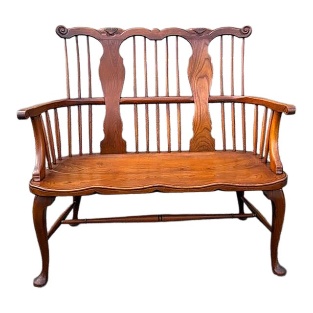 Vintage George III Style Solid Oak Windsor Style Comb- Back Settee Bench For Sale