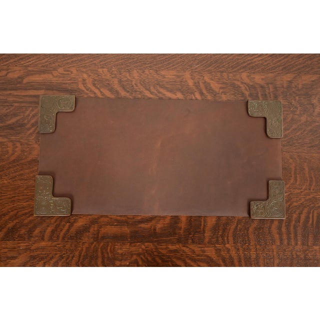 Tiffany Studios New York Zodiac Pattern Bronze Blotter Corners With Leather Desk Blotter For Sale - Image 14 of 14
