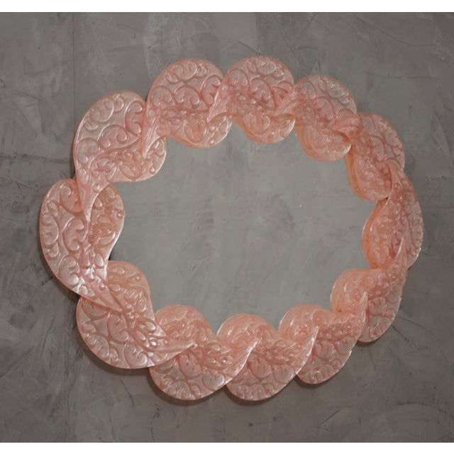 Mid-Century Italian Oval Pink Murano Glass and Brass Wall Mirror, 2000s For Sale - Image 10 of 10