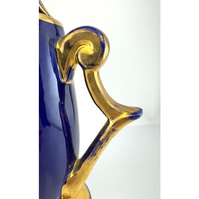Mid-Century Modern Vintage Mid Century Cobalt Blue & Gilt Art Pottery Pitcher, European Ceramic For Sale - Image 3 of 9