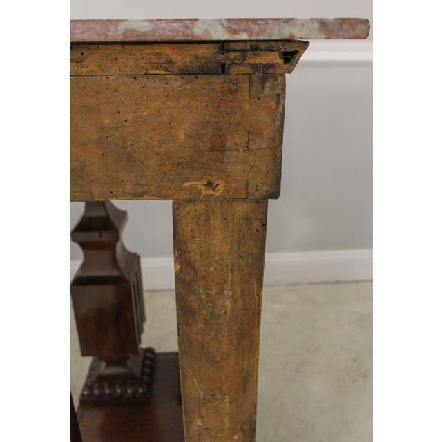 Pair Antique Charles X Inlaid Mahogany Marble Console Tables For Sale - Image 12 of 13
