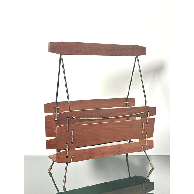 Mid-Century Modern Vintage Italian Wood and Metal Magazine Rack, 1960s For Sale - Image 3 of 9