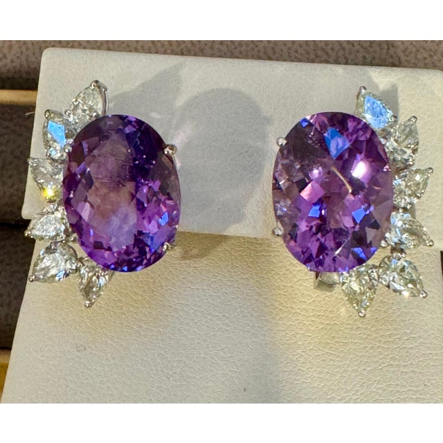 Modern 22 Ct Natural Amethyst & 3.60 Ct Pear shape Diamond Stud Earrings, 14KWG, A Pair For Sale - Image 3 of 18
