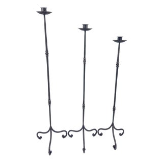 Hand Forged Iron Candelabra Set of 3 (92-112cm) Antique Copper Finish Slender Stem with French Scroll Base For Sale