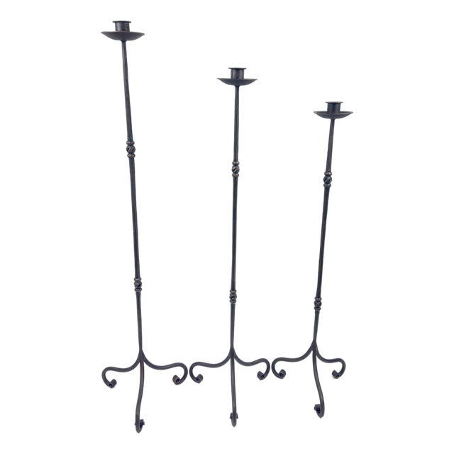 Hand Forged Iron Candelabra Set of 3 (92-112cm) Antique Copper Finish Slender Stem with French Scroll Base For Sale