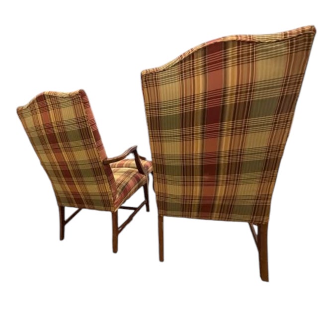 Discover a Stunning Rare Vintage Pair of High-Back Armchairs & Ottoman by Ethan Allen For Sale - Image 10 of 12