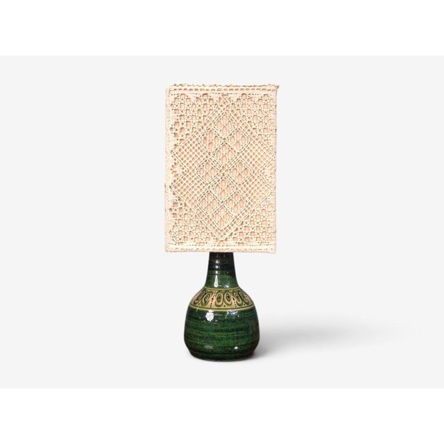 Mid-Century Modern 1976 Swedish Modern, Table Lamp, Green Glazed Stoneware, Crochet Shade For Sale - Image 3 of 12