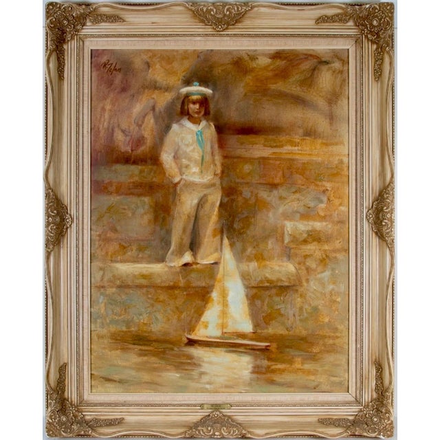 Richard Judson Zolan (1931-2001) "Be Calm" A sailor girl (or sailor boy) with a toy boat in a pond. Oil painting on...