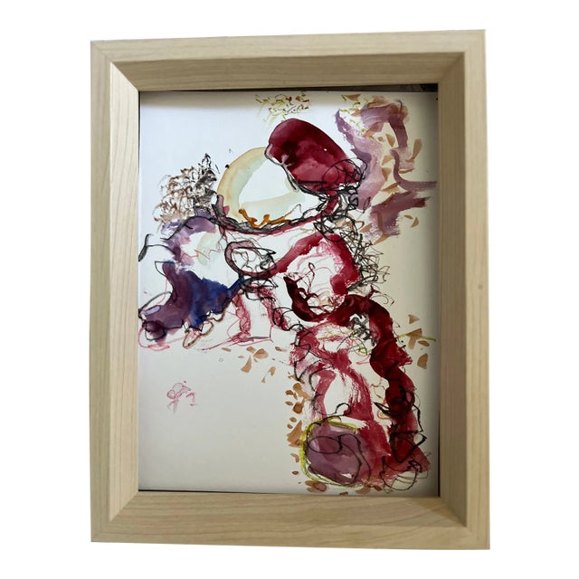 Red Abstract Bird, Original Watercolor Painting, Framed Art, by Van Ness For Sale