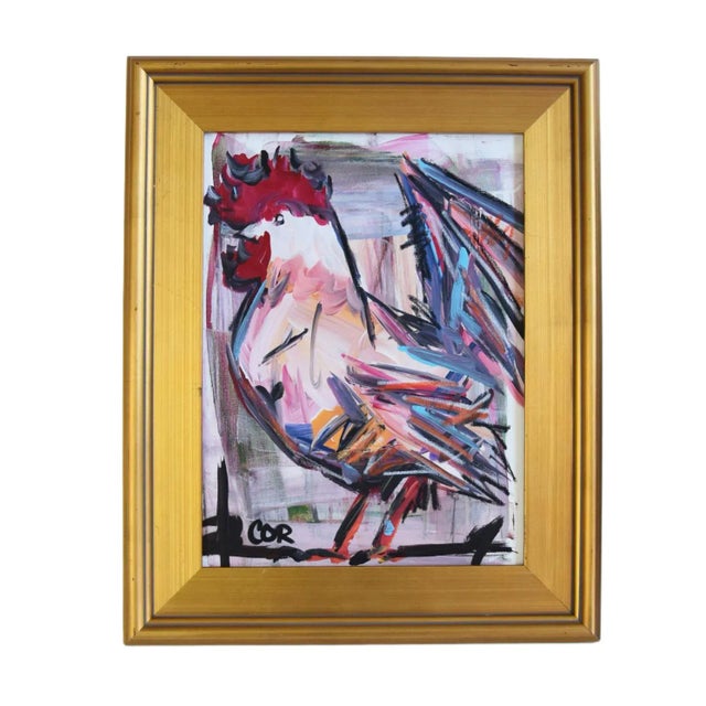 2020s Expressionism Chicken Rooster Portrait Oil Painting by Listed Artist “Corbellic” Displayed in an Antiqued Gold Wood Frame For Sale - Image 5 of 7