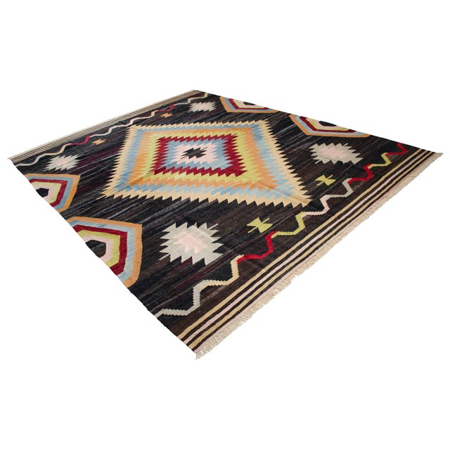 Black 1990s Vintage Turkish Rug Hand Made Flat Weave Area Rug Kilim - 8′8″ X 11′5″ For Sale - Image 8 of 18