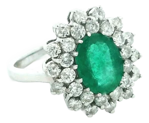 1980s KCM 14k White Gold Emerald & Diamond Cluster Ring — 1.25ct Emerald, 0.84ct Diamonds, Size 5.75