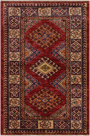 1990s Rustic Kazak Red/Beige Hand-Knotted Wool Rug - 2'0 X 2'10