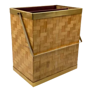 Hollywood Regency Brass and Woven Bamboo Magazine Rack, Metal Linea Nova Italy 1970