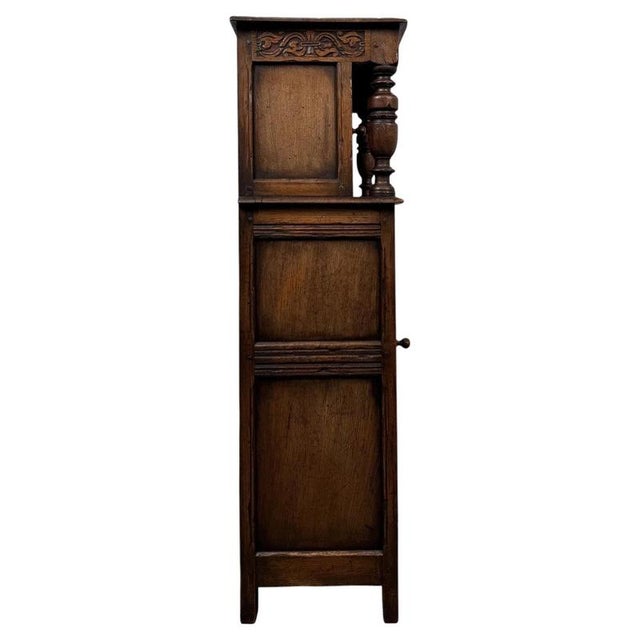 2000 - 2009 Antique English Narrow Carved Oak Court Cabinet, 1900s For Sale - Image 5 of 11