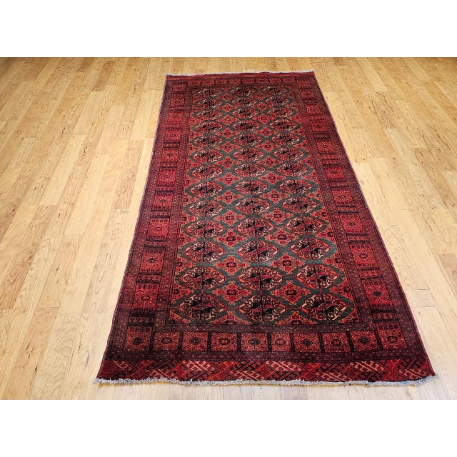 Vintage Turkmen Rug, Hand-Knotted Wool, Allover Geometric Pattern, Pistachio Green & Red, 4x8 For Sale - Image 4 of 18