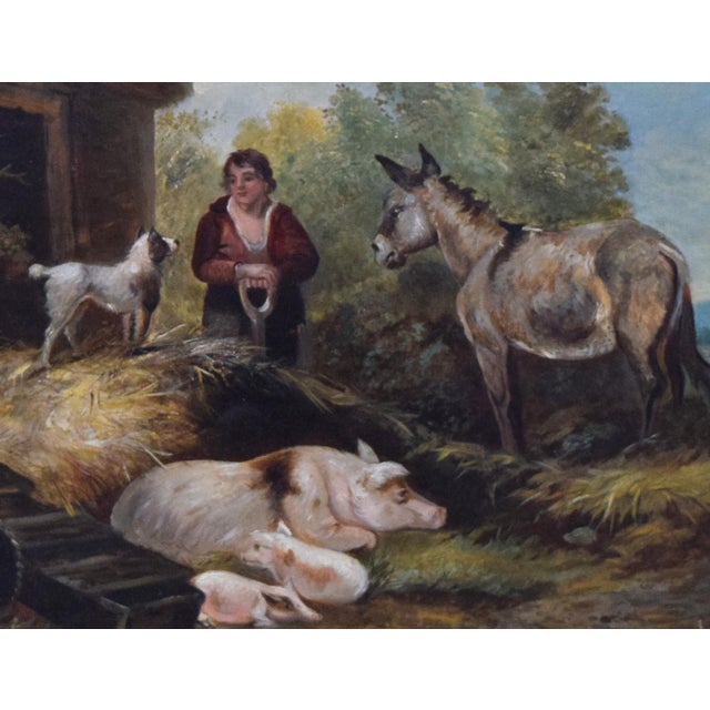 19th Century Large 19th Century Antique Barnyard Landscape Scene in the Manner of George Moreland For Sale - Image 5 of 6
