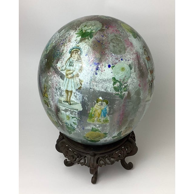 Late 19th Century Late 19th Century Victorian Potichomanie Blown Glass Egg Shape Ball or Gazing Ball For Sale - Image 5 of 8
