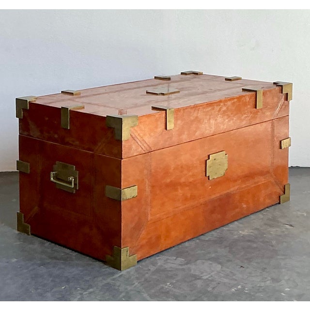 Vintage Boho Leather Wrapped Campaign Trunk For Sale - Image 9 of 12