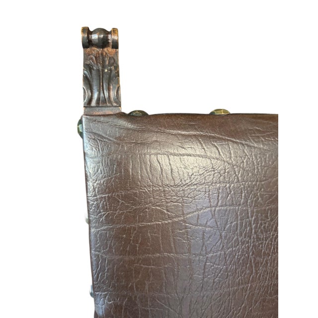 Late 19th Century Antique Carved Wood Dining Chairs With Leather Upholstery, Set of 5 For Sale In Houston - Image 6 of 8