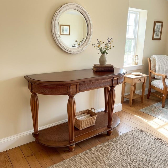 Vintage Oak Demi Lune Console Table-Rattan Shelf-Entryway-Coastal Boho-Sofa-Hall For Sale - Image 4 of 10