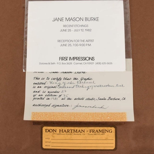 Late 20th Century Late 20th Century Famed Etching "King of the Carousel" Limited Edition 27/75 by Jane M. Burke, Framed For Sale - Image 5 of 8