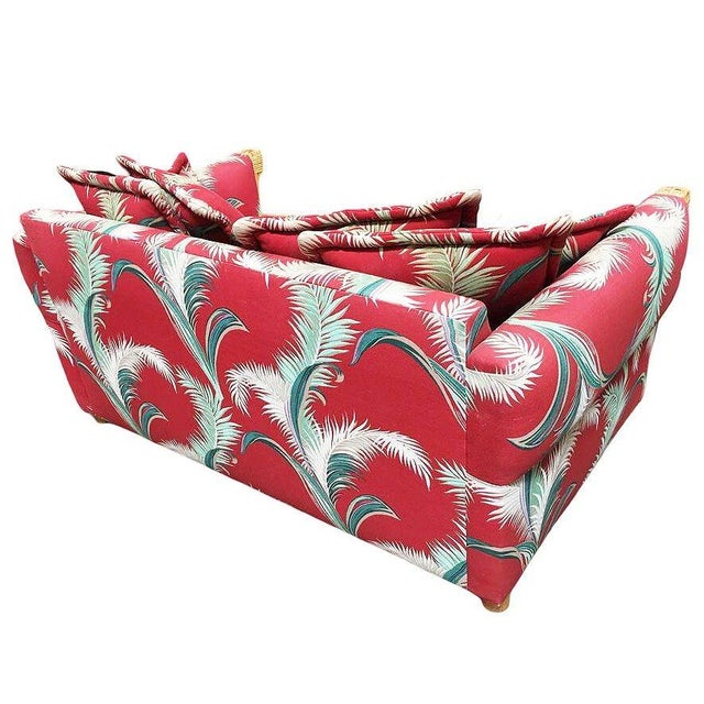 1950s Restored "Big King" Plush Over Stuffed Rattan Settee Sofa W/ 4 Strand Arms, Pair For Sale - Image 5 of 8