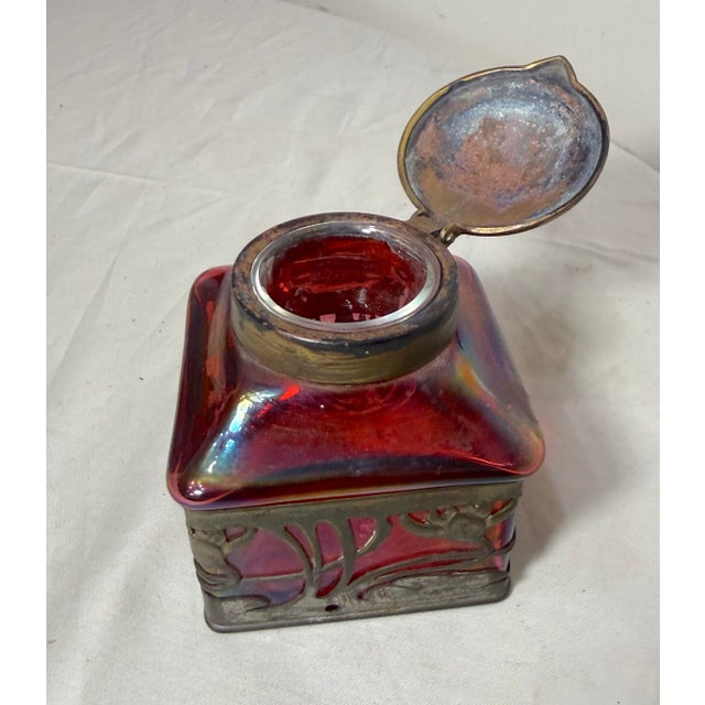 Antique Carl Stolzle Austrian Art Nouveau Red Glass Bronze Writing Inkwell Jar For Sale - Image 12 of 18