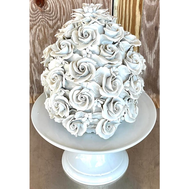 Vintage Regency Glazed Porcelain Rose Cake on Pedestal For Sale - Image 12 of 12