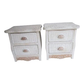 1980s White Wicker Rattan Nightstand Two Drawer Set of 2 For Sale