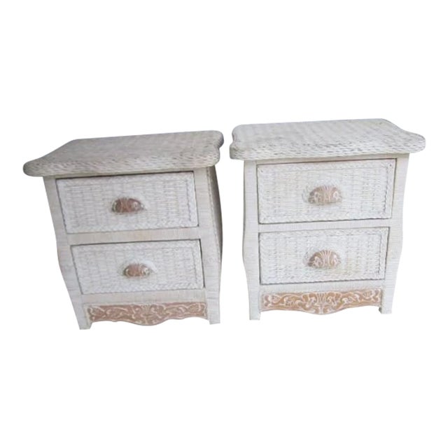 1980s White Wicker Rattan Nightstand Two Drawer Set of 2 For Sale