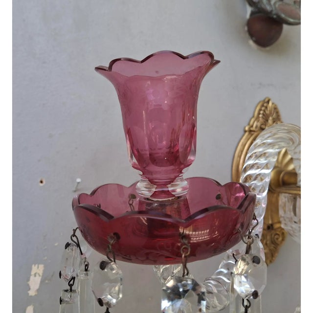C1800 British George III Ormolu/ Cut Glass/ Pink Crystal 3 Candle Wall Sconce For Sale - Image 17 of 18