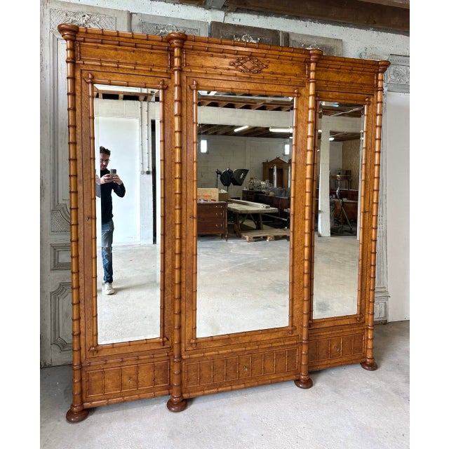 Antique Faux Bamboo Wardrobe with Mirror, Late 19th Century For Sale - Image 3 of 18
