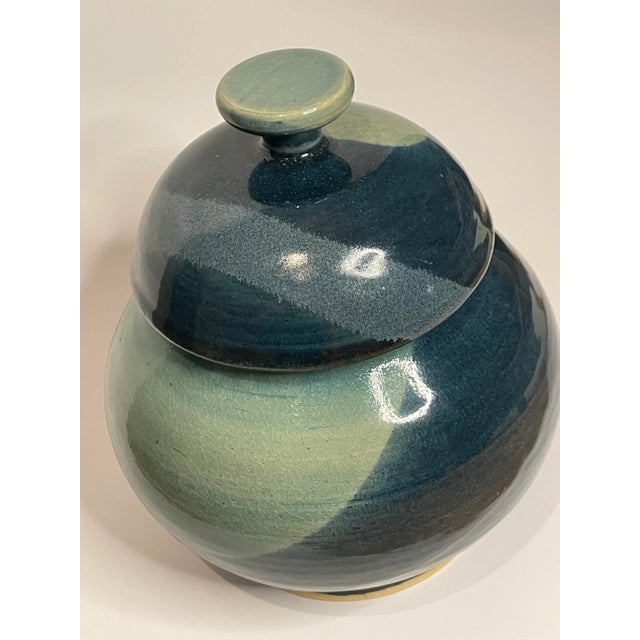 Abstract Modern Blue Ceramic Lidded Ginger Jar For Sale In Houston - Image 6 of 11