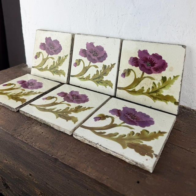 Cream Antique Art Nouveau Floral Ceramic Tiles, 1890s, Set of 6 For Sale - Image 8 of 13