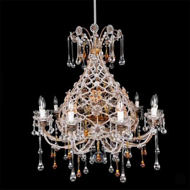 Goldenrod Italian Beaded Crystal 10-Light Chandelier with Amber Drops, 1950s For Sale - Image 8 of 16