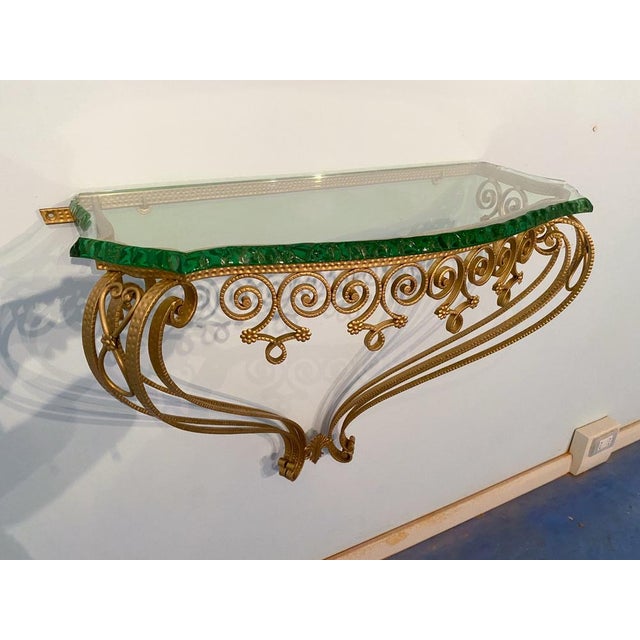 Glass Mid-Century Italian Green Crystal Gold Iron Console Table by Pier Luigi Colli, 1950 For Sale - Image 7 of 18