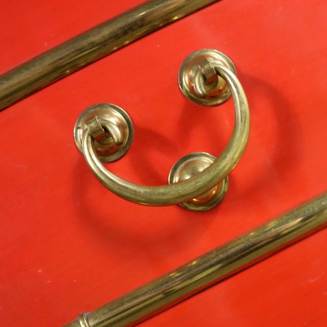 Chinese Red Lacquer and Brass Accent Table Removable Ice Chest Style on Hoof Foot Base For Sale - Image 4 of 13