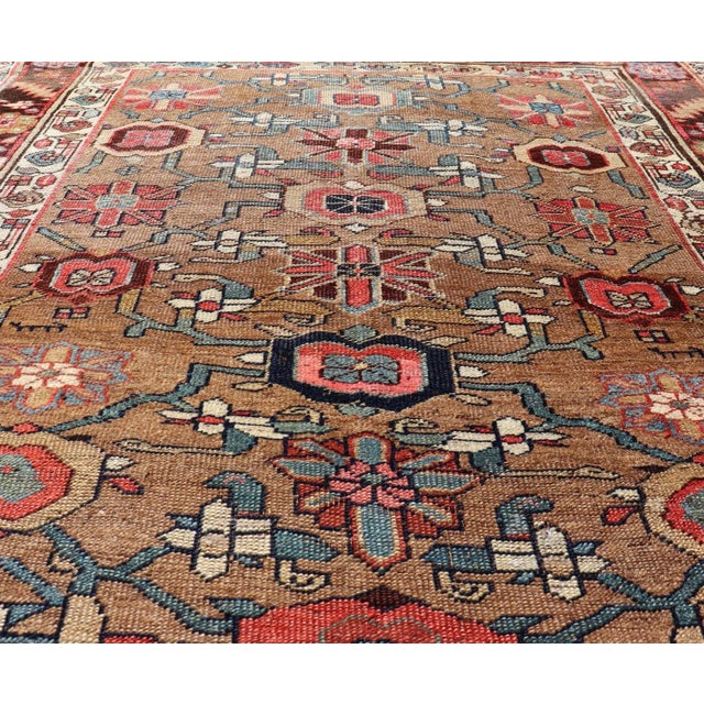Textile Square Antique Persian Bidjar Rug With Floral Motifs in Brown, Tan, & Green.4'6"x4'11" For Sale - Image 7 of 10