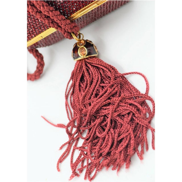 Burgundy 1995 Judith Leiber Fortune Teller Origami Red Crystal Tassel Evening Bag Minaudiere For Sale - Image 8 of 11