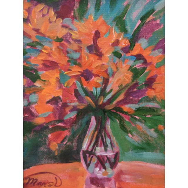 Abstract Impressionist Abstract Orange Floral Bouquet Painting Including the Antiqued Gold Wood Frame For Sale - Image 3 of 5