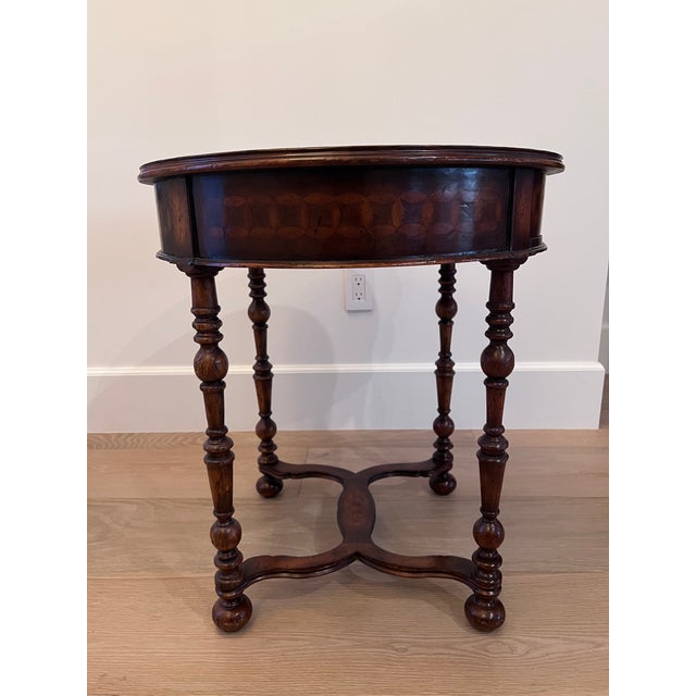 Jonathan Charles Round Side Table Walnut Finish With Burl Veneers and Hand Cut Inlays For Sale In Palm Springs - Image 6 of 9