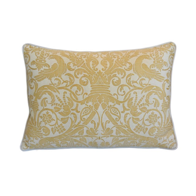 Custom-tailored pillow in Italian Mariano Fortuny cotton fabric called "Uccelli" with a gold and cream colorway. The...