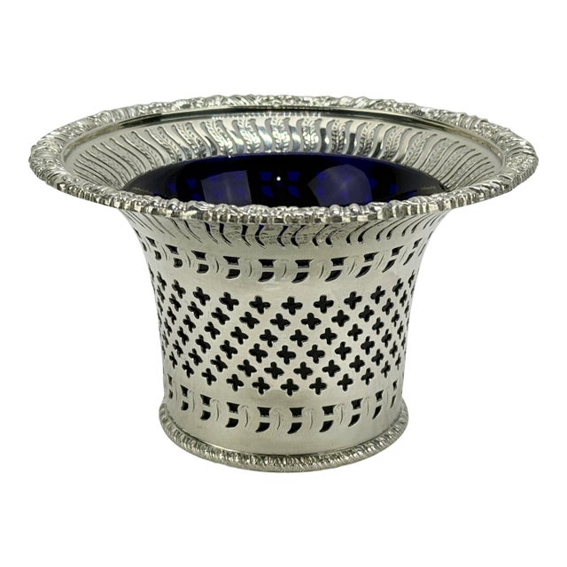 English Barker Ellis Silverplate Openwork & Cobalt Glass Lined Vessel For Sale