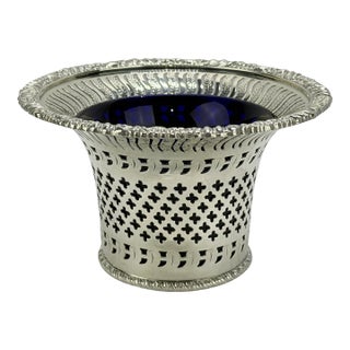 Mid 20th Century English Barker Ellis Silverplate Openwork & Cobalt Glass Lined Vessel For Sale