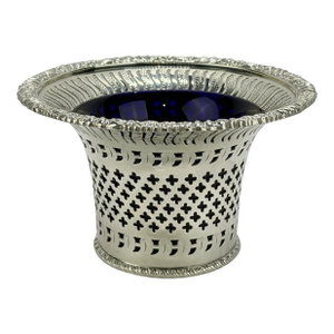 Mid 20th Century English Barker Ellis Silverplate Openwork & Cobalt Glass Lined Vessel
