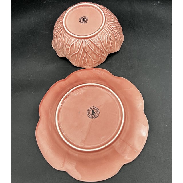Beautiful and whimsical **Bordallo Pinheiro cabbage leaf ceramic set** featuring a charming pink finish and highly...